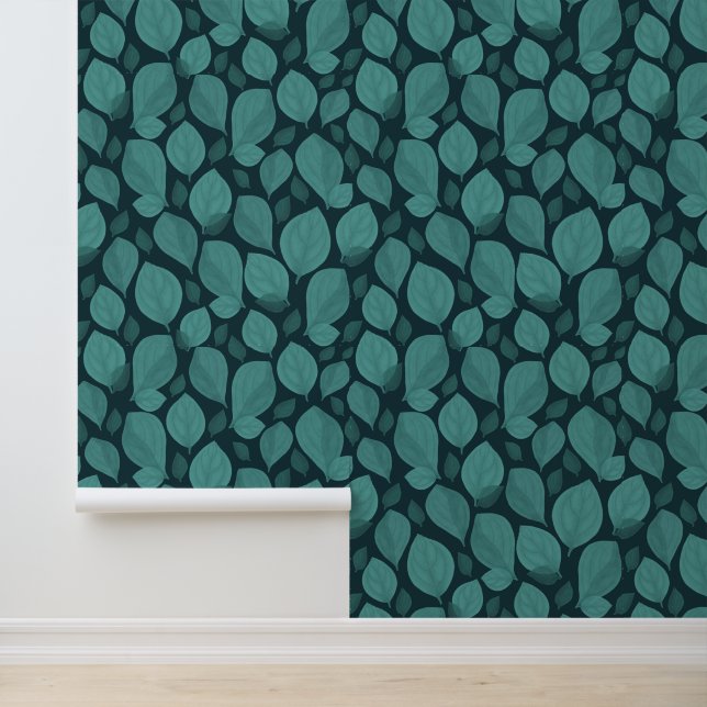 Papier Peint Motif Feuille de feuille Turquoise noir (Application)