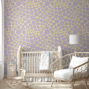 Papier Peint Motif Fleur - Pastel Jaune et Violet