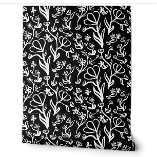 Papier Peint Motif floral en blanc sur noir
