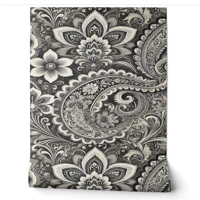 Papier Peint Motif floral noir et gris (Déroulement)