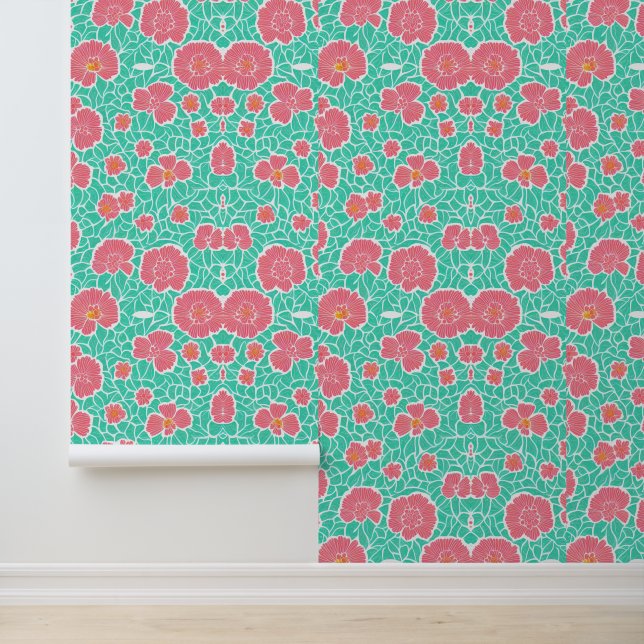 Papier Peint Motif floral rose avec Feuilles verts (Application)