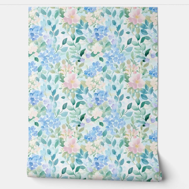 Papier Peint Motif floral rose bleu pastel  (Déroulement)