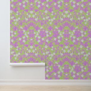 Papier Peint Motif floral rose et blanc sur vert clair