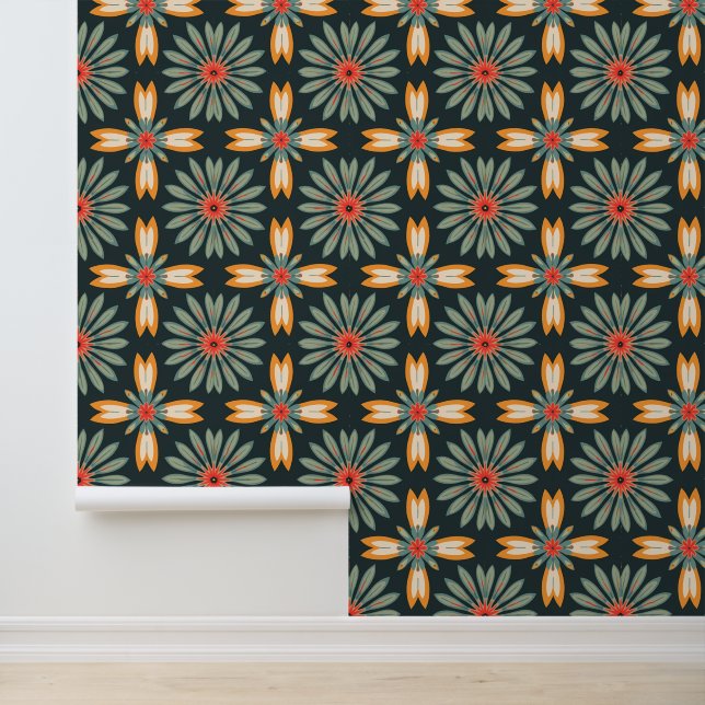 Papier Peint Motif géométrique floral rétro dans les tons de la (Application)