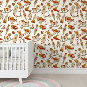 Papier Peint Motif Jouet vintage Rouge/Gold ID783