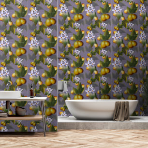 Papier Peint Motif Mango d'or avec fleurs blanches sur Taupe