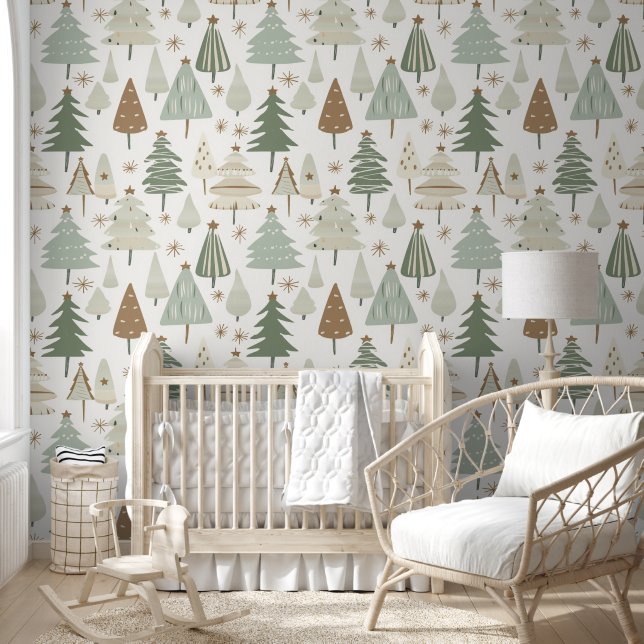 Papier Peint Motif marron des arbres de Noël modernes (Enfants)