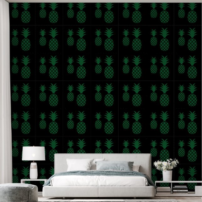 Papier Peint Motif moderne vert noir ananas (Chambre à coucher)
