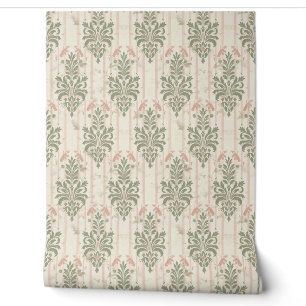 Papier Peint Motif rayé damassé rétro français – Vert sauge vin