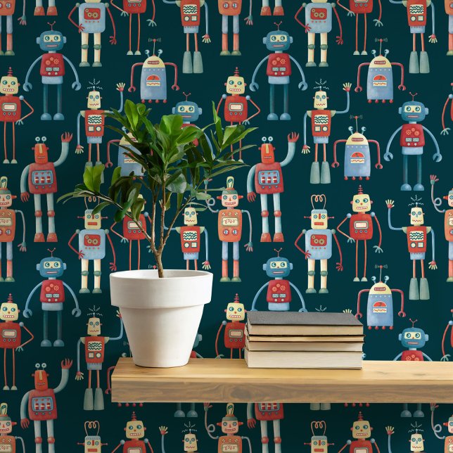 Papier Peint Motif robotique amusant Turquoise vert (Fun robot pattern teal green wallpaper for nursery and kids room decor)
