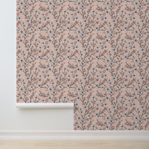 Papier Peint Motif Sakura en fleurs de cerisier rose sur rose (