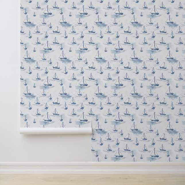 Papier Peint Motif Serene Navy Blue Small Sailing Boats (Application)