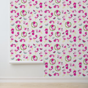 Papier Peint Motif tropical, Flamants roses, pastèques, Fleurs