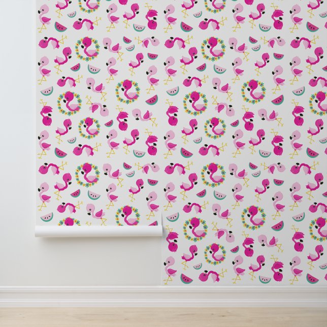 Papier Peint Motif tropical, Flamants roses, pastèques, Fleurs (Application)