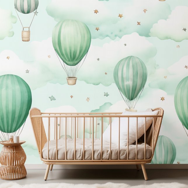 Papier Peint Motif vert avec nuages et ballons à air chaud (Créateur téléchargé)