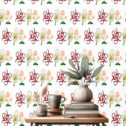 Papier Peint Motifs floraux décoratifs Rouge Blanc Pêche Motif