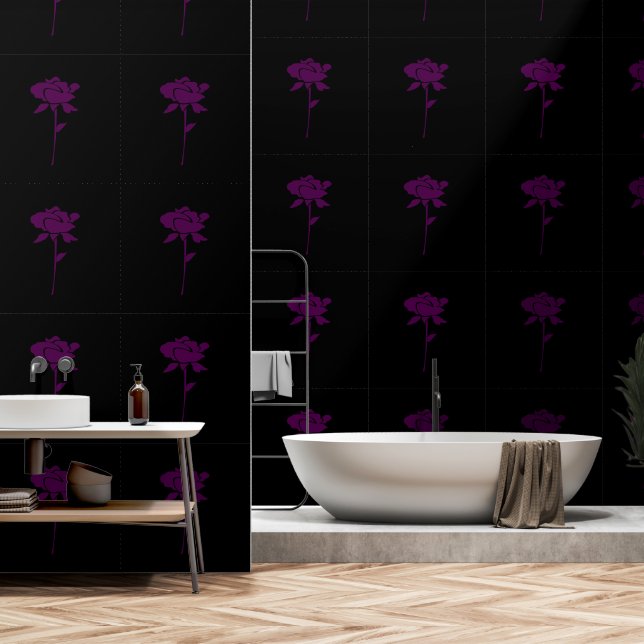 Papier Peint Motifs floraux Roses violets noirs élégants tendan (Salle de bain)