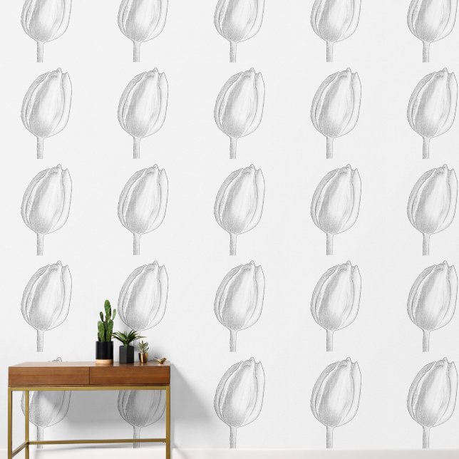 Papier Peint Motifs floraux Tulipes Jardin Blanc Noir Fleurs (Couloir)