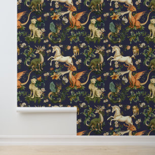 Papier Peint Mythique Animaux Forêt Créatures Bleu foncé