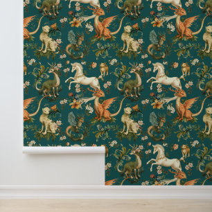 Papier Peint Mythique Animaux Forêt Créatures Turquoise