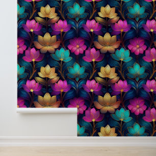 Papier Peint Neon Lotus Fleurs Rose Turquoise Or Floral Abstrai