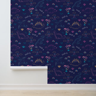 Papier Peint Neon Navy Dinosaur Doodle Wallpaper
