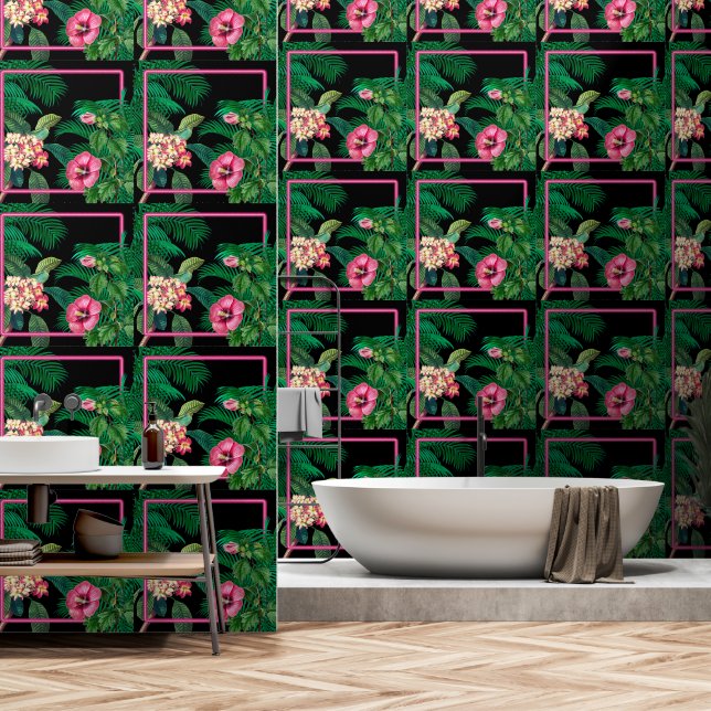 Papier Peint Neon Pink Tropical Botanical (Salle de bain)
