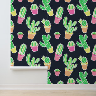 Papier Peint Neon Watercolor Cacti in Pot Pattern