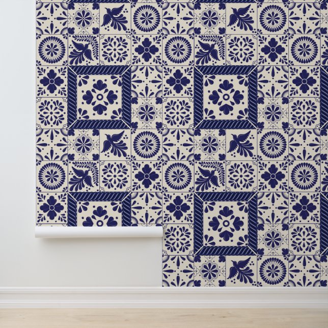 Papier Peint Nil Bleu Linge mexicain traditionnel Talavera Carr (Application)