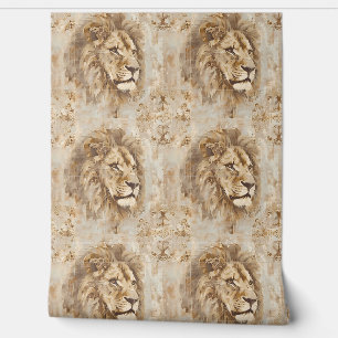 Papier Peint Noble Lion Petite - Beige, Or, Blanc