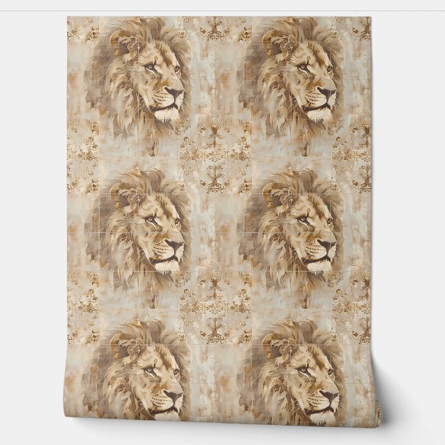 Papier Peint Noble Lion Petite - Beige, Or, Blanc (Déroulement)