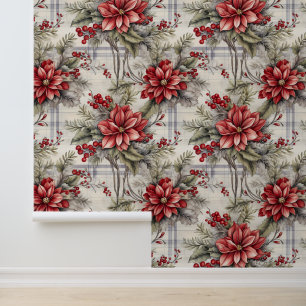 Papier Peint Noël Blanc Rouge Poinsettia Fleur Holly Berry