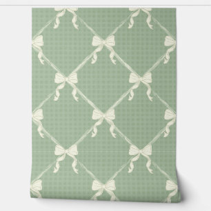 Papier Peint Nœuds Coquette Motif Gingham Crème Vert Sauge