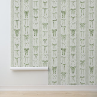 Papier Peint Nœuds et dentelle vert sauge en rayures verticales