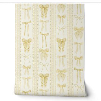 Papier Peint Nœuds Jaune Beurre et Rayures Verticales en Dentel