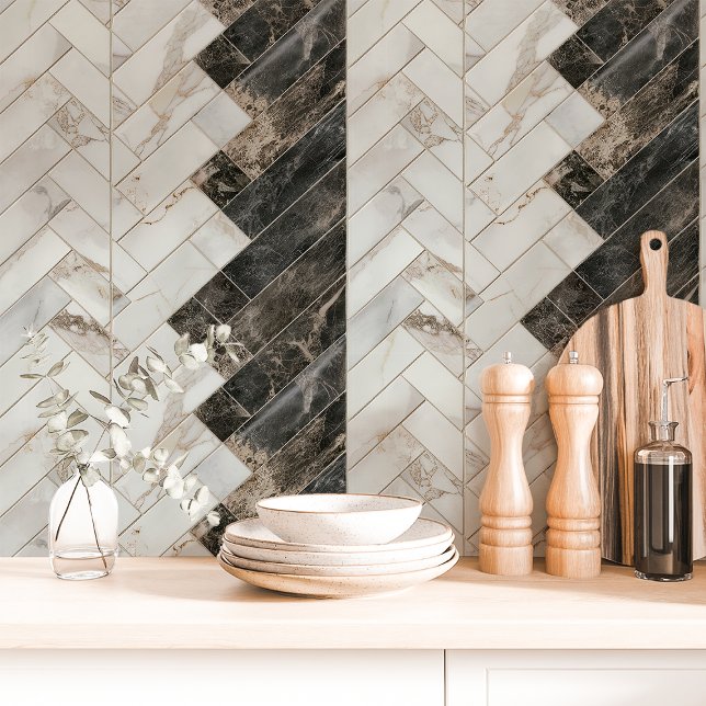 Papier Peint Noir et Marbre blanc Herringbone (Créateur téléchargé)