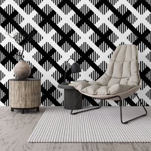 Papier Peint Noir Funky Blanc Plaid Carrés Lignes Grandes Art