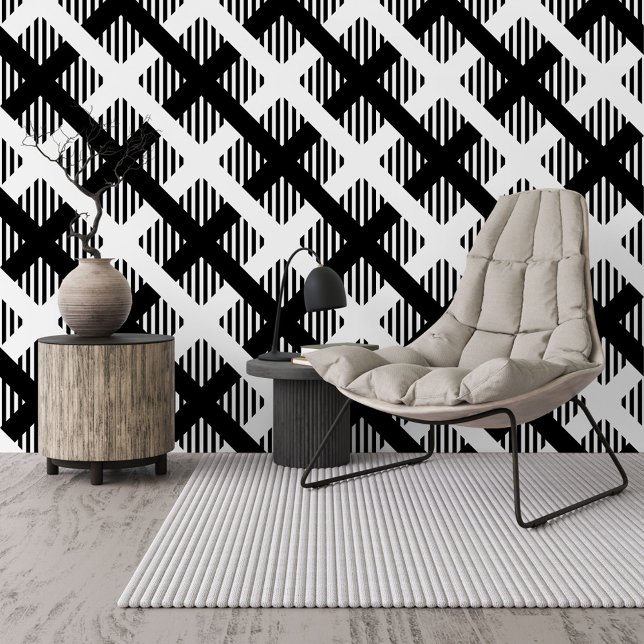 Papier Peint Noir Funky Blanc Plaid Carrés Lignes Grandes Art (Créateur téléchargé)