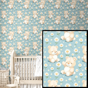 Papier Peint Nounours et fleurs blanches sur bleu d'Aqua foncé