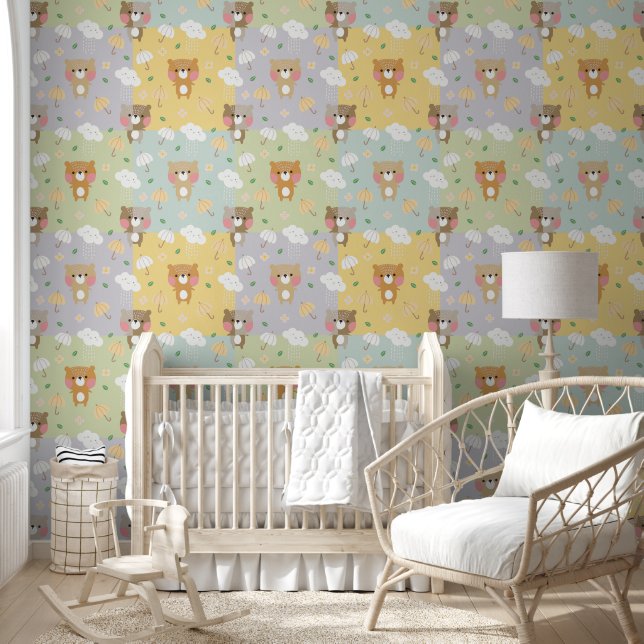 Papier Peint Nounours pastel et nuages de pluies mignons (Enfants)