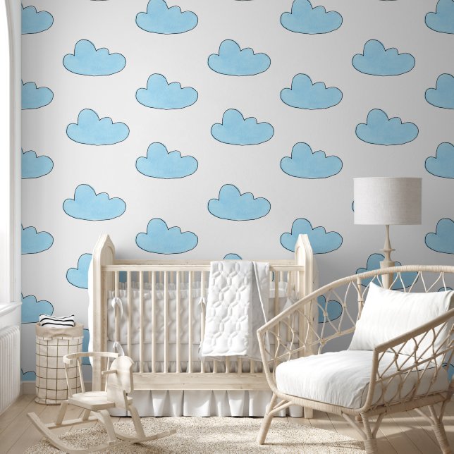 Papier Peint Nuages Bleus Sur Blanc (Enfants)
