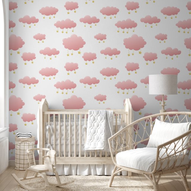Papier Peint Nuages roses minimaux Golden Stars Girl's Nursery (Enfants)