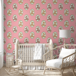 Papier Peint Nurserie Ourson Gingham Rose et Sauge