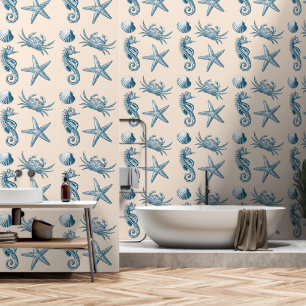 Papier Peint Ocean Beach Seahorse Starfish Crabe & Shell Motif