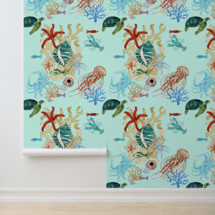 Papier Peint Océan Tortue de mer Crabe Starfish Aquarelle Scène