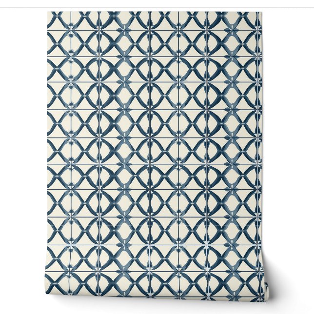 Papier Peint Océanique Interlace Petite - Marine, Beige - Côtie (Déroulement)