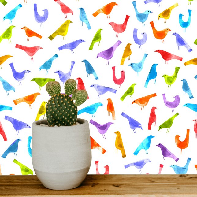 Papier Peint Oiseaux colorés Aquarelle Art (Bright rainbow hued bird pattern wallpaper)