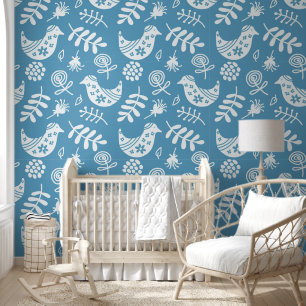 Papier Peint Oiseaux d'art populaire bleu blanc