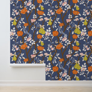 Papier Peint Oiseaux de la marine et de la Chinoiserie orange
