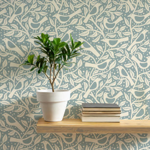 Papier Peint Oiseaux et Branches de Patrimoine Bleu Canard